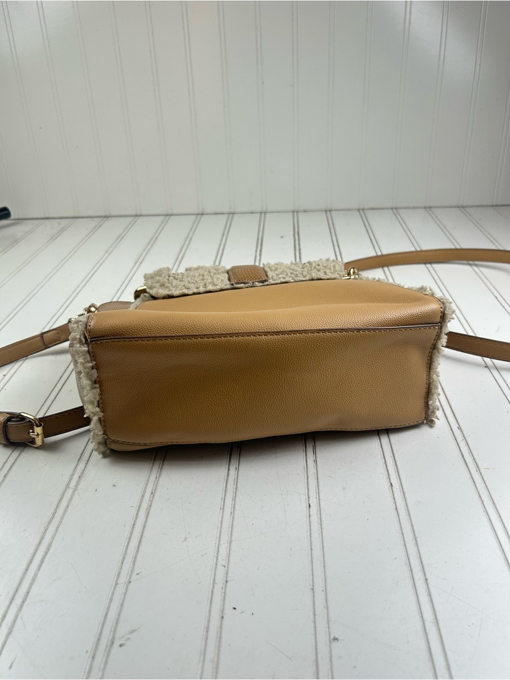 Anne Klein Vintage Y2K Mixed Media Sherpa Crossbody Satchel Brown Pearl Accent - Picture 9 of 15